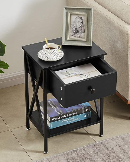 VECELO Night Stands for Bedroom Rustic Bedside End Tables with Drawer Storage, Nightstand (Set of 2), Black(Set of 2) - LeafyLoom