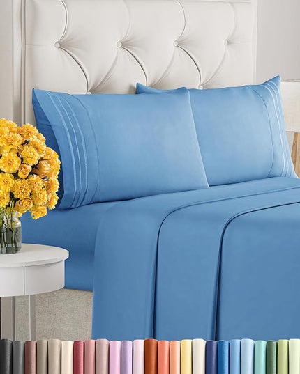 Queen Size 4 Piece Sheet Set - Comfy Breathable & Cooling Sheets - Hotel Luxury Bed Sheets for Women & Men - Deep Pockets, Easy-Fit, Soft & Wrinkle Free Sheets - Denim Blue Oeko-Tex Bed Sheet Set - LeafyLoom