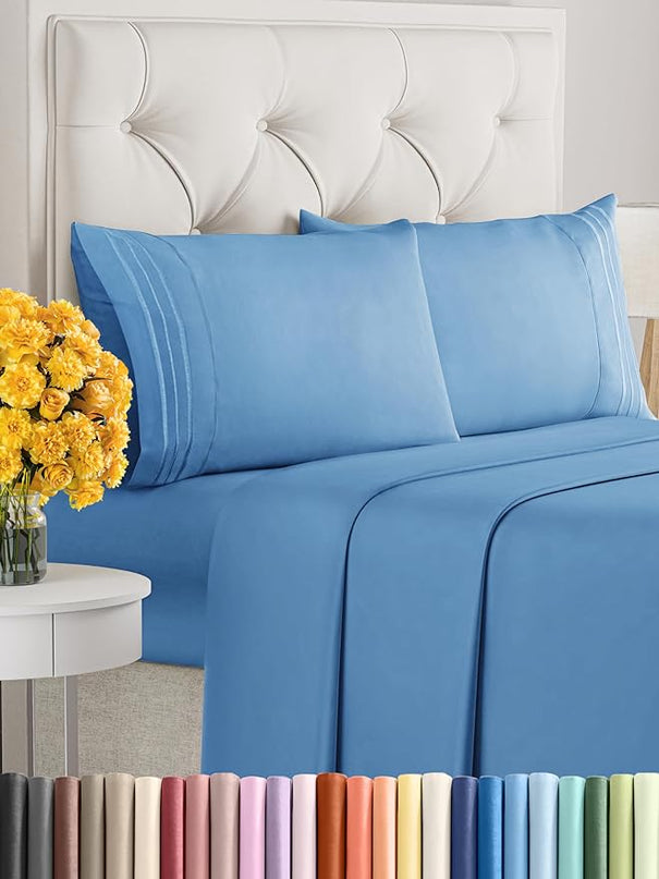 Queen Size 4 Piece Sheet Set - Comfy Breathable & Cooling Sheets - Hotel Luxury Bed Sheets for Women & Men - Deep Pockets, Easy-Fit, Soft & Wrinkle Free Sheets - Denim Blue Oeko-Tex Bed Sheet Set - LeafyLoom