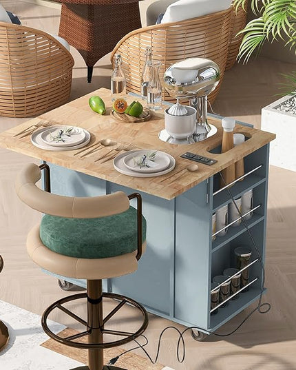Kitchen Island Drop Leaf & Power Outlet, Mobile Cart w/Open Storage Wine Rack, Lockable Universal Wheels and Unfolded Tabletop, for Home, Dining Room, Grey Blue, 39.8 Inch - LeafyLoom