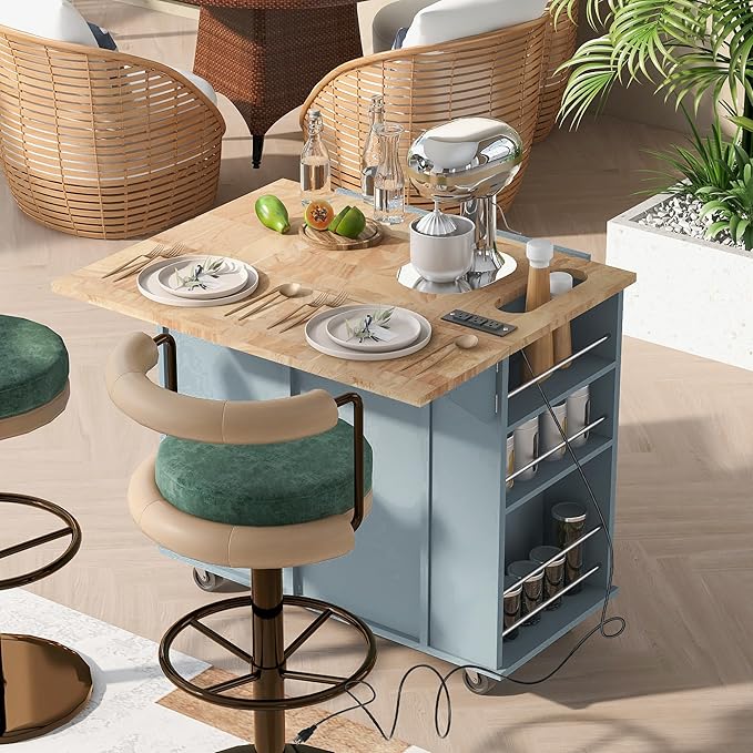 Kitchen Island Drop Leaf & Power Outlet, Mobile Cart w/Open Storage Wine Rack, Lockable Universal Wheels and Unfolded Tabletop, for Home, Dining Room, Grey Blue, 39.8 Inch - LeafyLoom