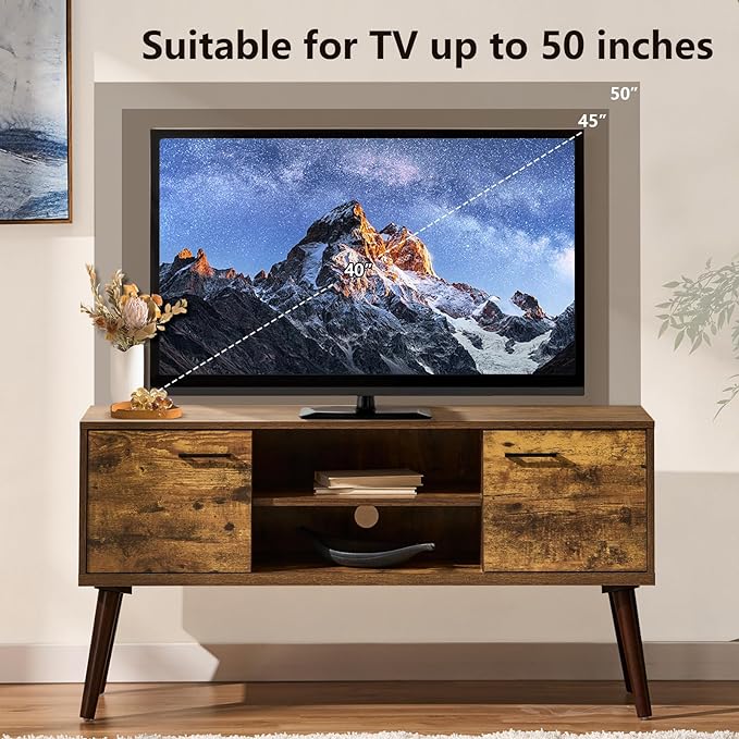 Stand for 35 55 inch Television, Modern Mid Century TV Table, with Adjustable Shelf Entertainment Center, and Two Storage Cabinets, for Living Rooms, Bedrooms, Old Pine - LeafyLoom