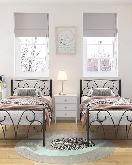 Timy Kids Twin Bed Frame with Headboard and Footboard, Metal Platform Bed Frame with 12 Inch Storage Space for Boys Girls Teens Adults, No Box Spring Needed, Black - LeafyLoom