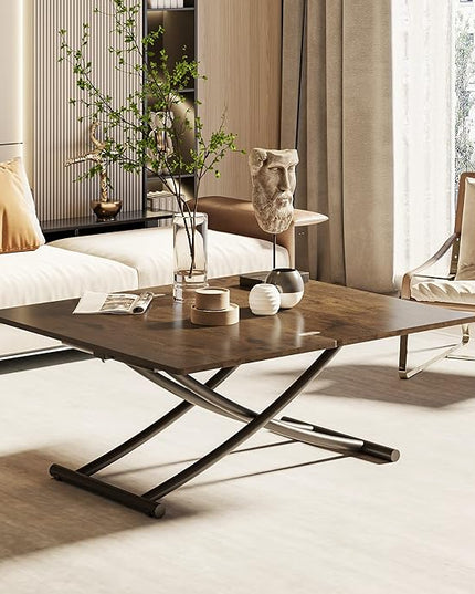 Multifunctional Folding Dining Table, Height Adjustable Lift Top Coffee Transformer Table with Metal legs for Space Saving Living Room Kitchen Tea, Brown - LeafyLoom