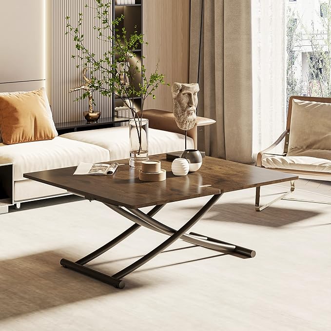 Multifunctional Folding Dining Table, Height Adjustable Lift Top Coffee Transformer Table with Metal legs for Space Saving Living Room Kitchen Tea, Brown - LeafyLoom
