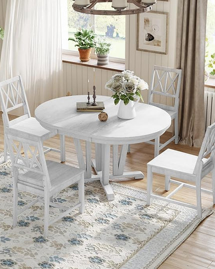 Rustic Round Trestle, Extending w/4 Cross Back Chairs, Easy Assembly, Room, Kitchen, Small Place, 5 Piece Dining Table Set, Gray 11 - LeafyLoom