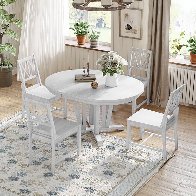 Rustic Round Trestle, Extending w/4 Cross Back Chairs, Easy Assembly, Room, Kitchen, Small Place, 5 Piece Dining Table Set, Gray 11 - LeafyLoom