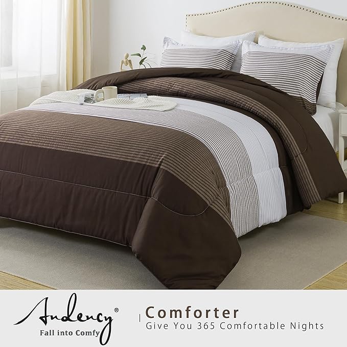 Andency Stripe Comforter Set Twin Size (66x90 Inch), 2 Pieces Brown Patchwork Striped Comforter, Soft Microfiber Down Alternative Comforter Bedding Set with Corner Loops - LeafyLoom