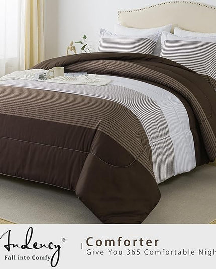 Andency Stripe Comforter Set Queen Size (90x90 Inch), 3 Pieces Brown Patchwork Striped Comforter, Soft Microfiber Down Alternative Comforter Bedding Set with Corner Loops - LeafyLoom