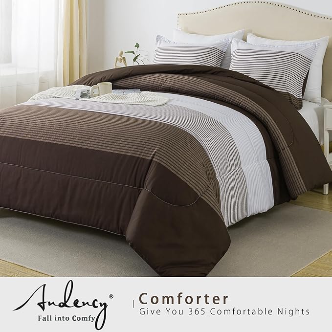 Andency Stripe Comforter Set King Size (104x90 Inch), 3 Pieces Brown Patchwork Striped Comforter, Soft Microfiber Down Alternative Comforter Bedding Set with Corner Loops - LeafyLoom