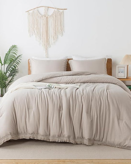Andency Oatmeal Comforter Set Full Size, 3 Pieces Boho Tassel Lightweight Bedding Comforter Sets, All Season Soft Fluffy Fringe Bed Set (79x90In Comforter & 2 Pillowcases) - LeafyLoom