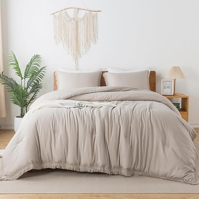 Andency Oatmeal Comforter Set Full Size, 3 Pieces Boho Tassel Lightweight Bedding Comforter Sets, All Season Soft Fluffy Fringe Bed Set (79x90In Comforter & 2 Pillowcases) - LeafyLoom