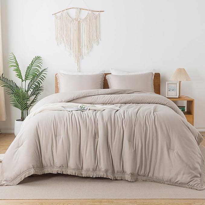 Andency Oatmeal Comforter Set Twin Size, 2 Pieces Boho Tassel Lightweight Bedding Comforter Sets, All Season Soft Fluffy Fringe Bed Set (66x90In Comforter & 1 Pillowcase) - LeafyLoom