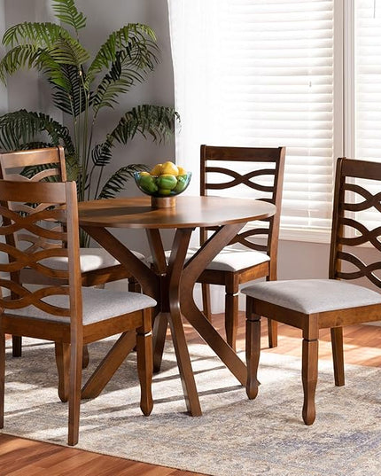 Baxton Studio Mila Modern and Contemporary Grey Fabric Upholstered and Walnut Brown Finished Wood 5-Piece Dining Set - LeafyLoom