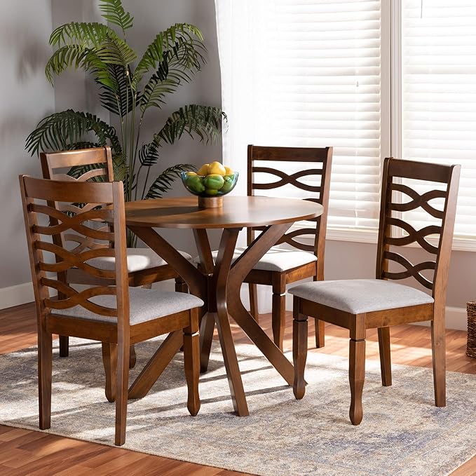 Baxton Studio Mila Modern and Contemporary Grey Fabric Upholstered and Walnut Brown Finished Wood 5-Piece Dining Set - LeafyLoom