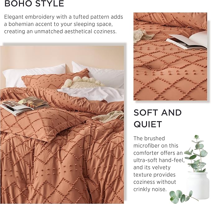 Bedsure Queen Comforter Set - Pumpkin Comforter, Boho Tufted Shabby Chic Bedding Comforter Set, 3 Pieces Vintage Farmhouse Bed Set for All Seasons, Fluffy Soft Bedding Set with 2 Pillow Shams - LeafyLoom