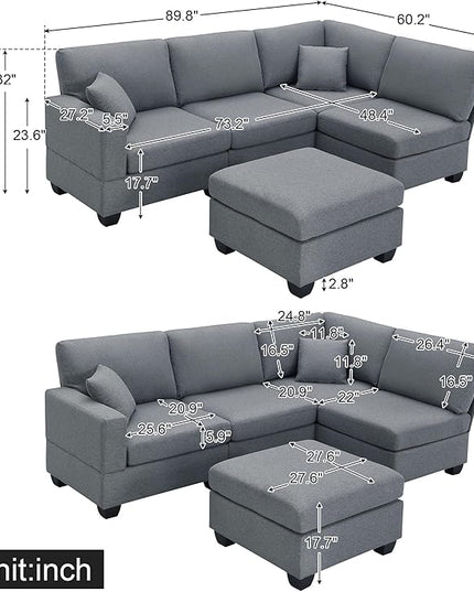 89.8" Modern Sectional Sofa with Convertible Ottoman and 2 Pillows,L-Shape Linen Fabric Corner Couch 5 Set W/Back & Cushion,can Hold up to 330 Lbs,for Apartment,Living Room,Dark Grey - LeafyLoom