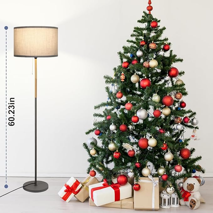 Modern Floor Lamp for Living Room Traditional Farmhouse Floor Lamps Mid-Century Pole Lamp with Linen Lamp Shade, Standing Tall Floor Lamps for Bedrooms and Office (Grey) - LeafyLoom