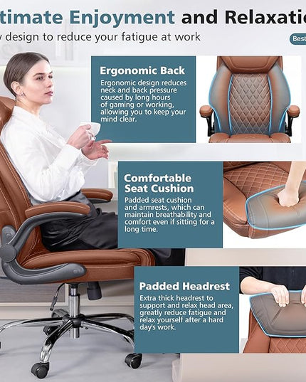 Office Chair, Ergonomic High Back Home Office Desk Chair, Big and Tall Breathable Leather Office Chair with Lumbar Support Flip-Up Armrests, Computer Chair with Rocking Function - LeafyLoom