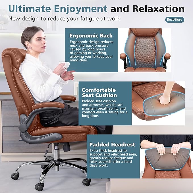 Office Chair, Ergonomic High Back Home Office Desk Chair, Big and Tall Breathable Leather Office Chair with Lumbar Support Flip-Up Armrests, Computer Chair with Rocking Function - LeafyLoom
