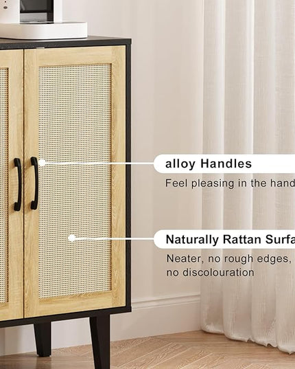 Rattan Decorated Buffet Cabinet - 2 Doors Simple Style Storage Cabinet, Shoe Cabinet with Adjustable Shelves, Sideboard for Kitchen, Living Room, Hallway, Entryway (Black) - LeafyLoom