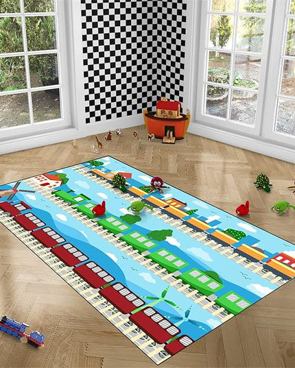 Train Rug Car Rug Play Mat Truck Rugs for Boys Room Kids Car Rug Truck Car Rug Car Carpet for Kids Kids Rugs for Playroom Car Rug for Boys Room,Light Blue 3'×5' - LeafyLoom