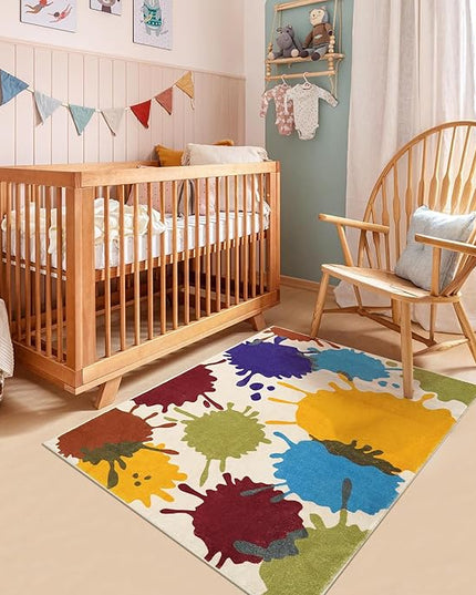 Colorful Kids Room Rug, 3'x5' Machine Washable Rug for Playroom, Paint Splatter Rainbow Area Rugs for Classroom, Soft Aesthetic Nursery Rug Throw Kids Play Mat for Bedroom Office Preschool - LeafyLoom
