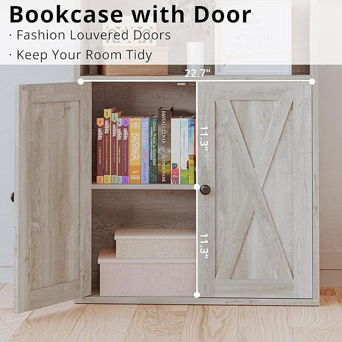 IRONCK Industrial Bookshelves and Bookcases with Doors Floor Standing 6 Shelf Display Storage Shelves 70 in Tall Bookcase for Home Office, Living Room - LeafyLoom