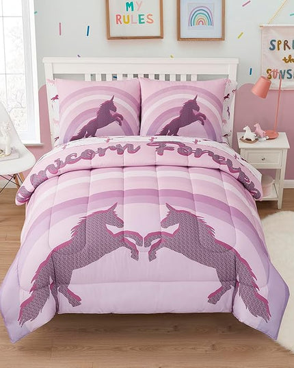 Kids Bedding Set Bed in a Bag for Boys and Girls Toddlers Printed Sheet Set and Comforter, Full, Unicorn Forever - LeafyLoom