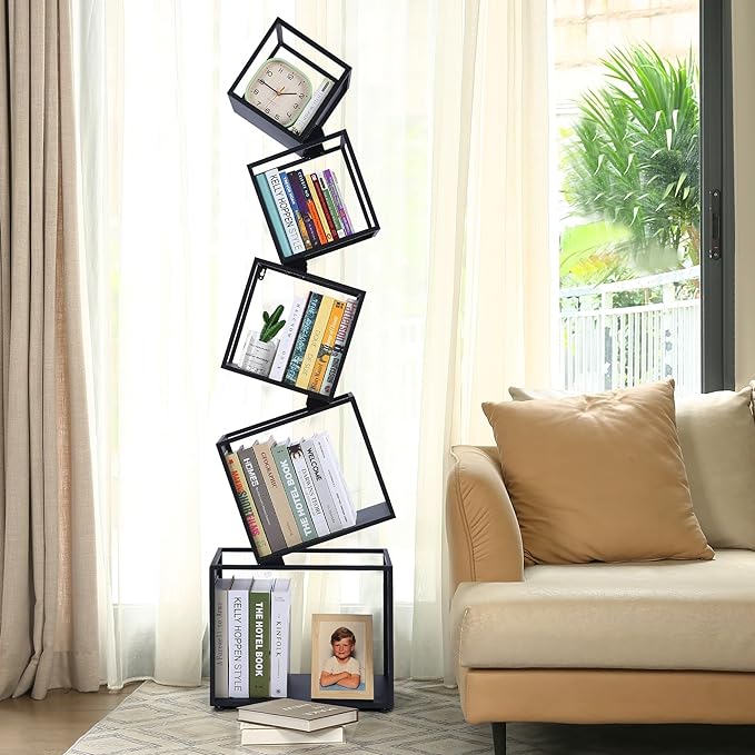 Bookshelf, 5-Tier Bookcase Black, 67" Tall Black Bookshelf, Modern Book Shelf, Storage Shelves for CDs/Books/Home Decor, Display Shelf for Living Room, Bedroom, Study Room, Nursery Room - LeafyLoom
