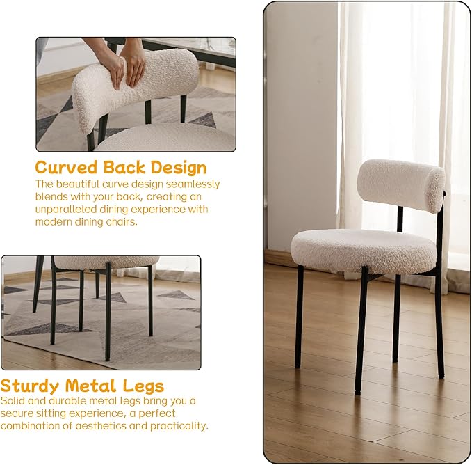 EDWELL White Dining Chairs Set of 4, Modern Dining Room Chairs with 3.94“ Cushions and Metal Legs, Round Upholstered Kitchen Dining Chairs, Ergonomic Backrest Boucle Chairs for Kitchen, Living Room - LeafyLoom