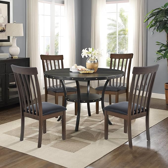 COLAMY Wooden Dining Chairs Set of 4, PU Leather Dining Room Kitchen Side Chair with Spindle High Back and Adjustable Foot Pegs - LightBrown - LeafyLoom