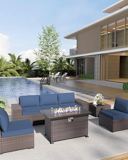 Patio Furniture Sectional Sofa Set 7-Pieces PE Rattan Patio Conversation Set w/43in Gas Fire Pit Table, Outdoor Furniture with 55000 BTU Propane Fire Pit, Navy Blue - LeafyLoom