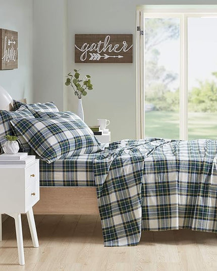 Comfort Spaces Cotton Flannel Breathable Warm Deep Pocket Sheets with Pillow Case Bedding, King, Green Plaid Scottish Plaid 4 Piece - LeafyLoom