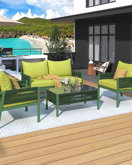 4 Piece Patio Furniture Set, Outdoor FSC Certified Acacia Wood Conversation Set, All-Weather Rope Sofa Set w/Tempered Glass Table, Loveseat for Lawn Balcony Poolside, Backyard, Backyard - LeafyLoom