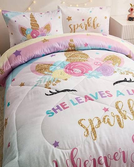 Twin Size Comforter Set for Girls, 3-Piece Bed in a Bag, 3D Colorful Unicorn Bedding Comforter Sheet Set, Ultra Soft and Fluffy, Pink & Rainbow Color - LeafyLoom