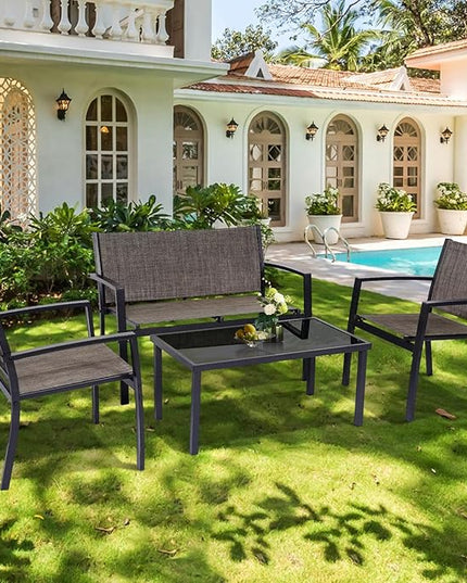 4 Pieces Patio Furniture Set Outdoor Garden Patio Conversation Sets Poolside Lawn Chairs with Tempered Glass Coffee Table Loveseat Porch Furniture Textilene Fabric Brown - LeafyLoom