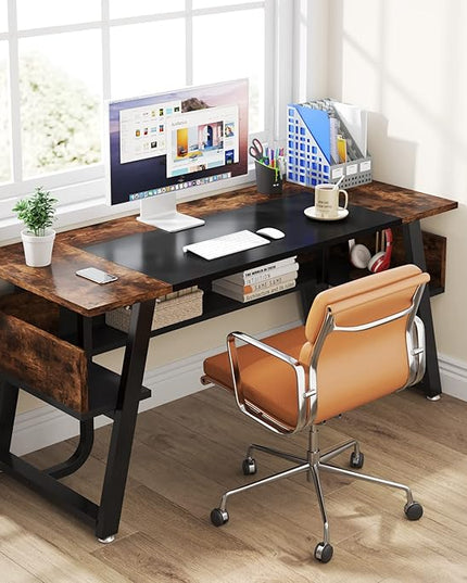 Tribesigns 63 inch Computer Desk Modern Office Desk with Shelf for Home Office, Large Writing Table Wood Business Workstation with Storage Shelves and Sturdy Metal Frame for Study Bedroom, Black Brown - LeafyLoom