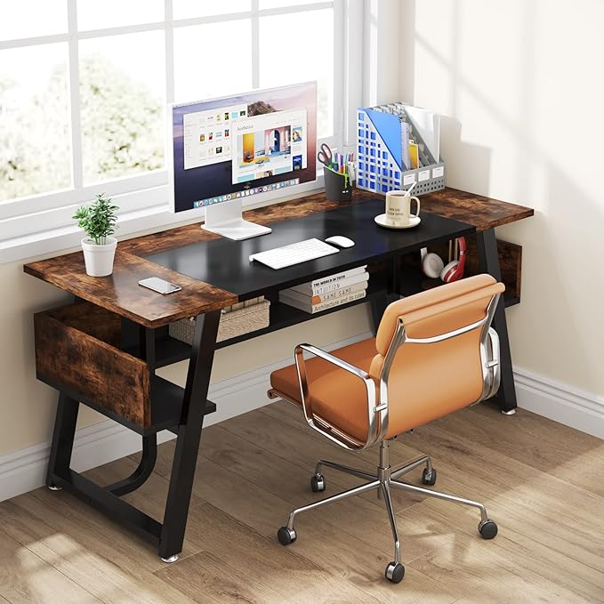 Tribesigns 63 inch Computer Desk Modern Office Desk with Shelf for Home Office, Large Writing Table Wood Business Workstation with Storage Shelves and Sturdy Metal Frame for Study Bedroom, Black Brown - LeafyLoom