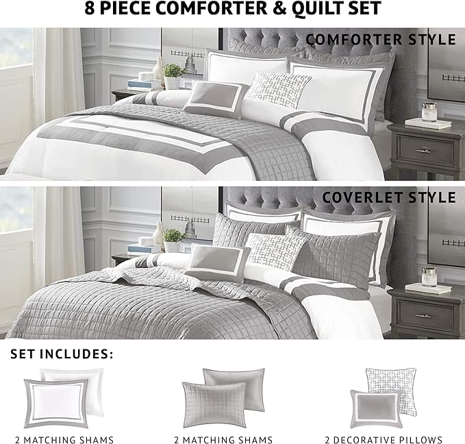 Madison Park Heritage Comforter Quilt Combo Set - Modern Luxury Design, All Season Down Alternative Bedding, Matching Shams, Decorative Pillows, King/Cal King(104"x92"), Color Block Grey 8 Piece - LeafyLoom