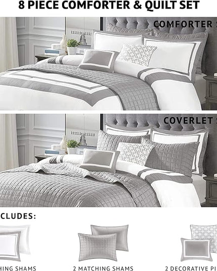 Madison Park Heritage Comforter Quilt Combo Set - Modern Luxury Design, All Season Down Alternative Bedding, Matching Shams, Decorative Pillows, Full/Queen(90"x90"), Color Block Grey 8 Piece - LeafyLoom