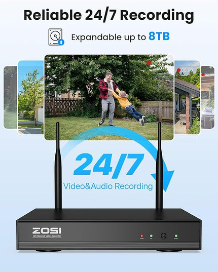 ZOSI Wireless Home Security Camera System Outdoor, 2K 3MP H.265+ 8 Channel CCTV NVR with 1TB HDD for 24/7 Record, 4 x 3MP WiFi IP Camera, Plug-in, Color Night Vision, Spotlight, Remote Access ZOSI