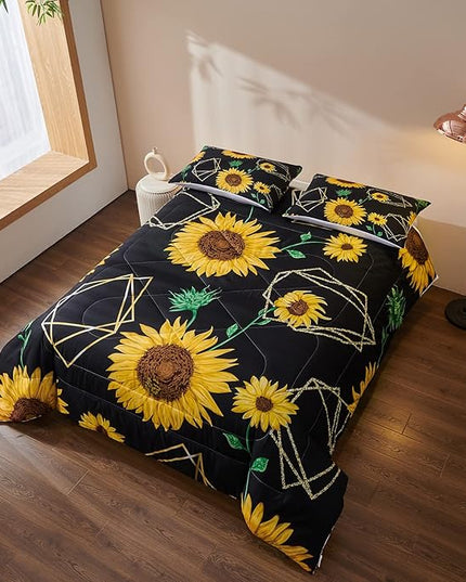 Sunflower Comforter Sets,Seamless Pattern with Golden Polygonal Shapes and Sunflowers in Watercolor Style,Decorative Bedding Comforter Sets with 2 Pillow Shams, Twin Size - LeafyLoom