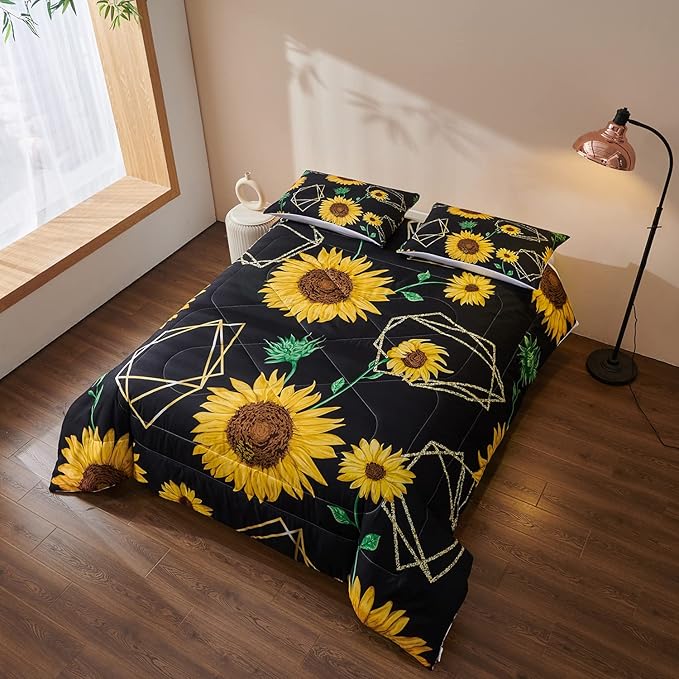 Sunflower Comforter Sets,Seamless Pattern with Golden Polygonal Shapes and Sunflowers in Watercolor Style,Decorative Bedding Comforter Sets with 2 Pillow Shams, Twin Size - LeafyLoom
