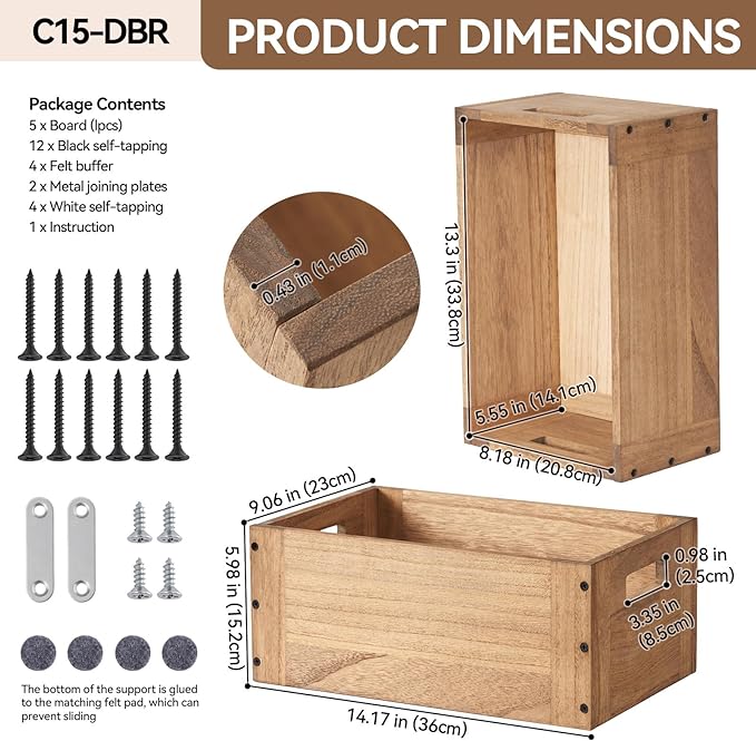 KIRIGEN Stackable Wood Storage Cube /Basket/ Bins Organizer for Home Books Clothes Toy - Modular Open Cubby Storage System - Office Bookcase Closet Shelves C15-DBR - LeafyLoom