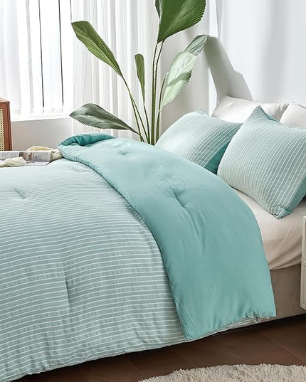 ENCOFT Green Comforter Set King, 3 Pieces King Bedding Comforter Set, Boho Striped Comforter with 2 Pillowcases, Soft Microfiber Lightweight Farmhouse Comforter Set King, 104" x 90" - LeafyLoom