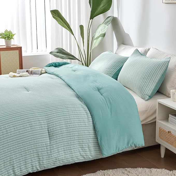 ENCOFT Green Comforter Twin, 3 Piece Elegant Textured White and Green Striped Twin Comforter Set, Ultra Soft All Seasons Extra Long Twin XL Comforter, with 2 Pillowcases, 68" x 90" - LeafyLoom