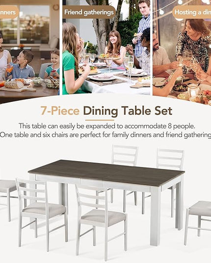71.5 Inch Dining Table Set for 6, 7-Piece Wooden Extendable Table with 12" Leaf and 2 Drawers, 6 Dining Chairs with Soft Cushion for Dining Room, Living Room, Antique White+Brown - LeafyLoom