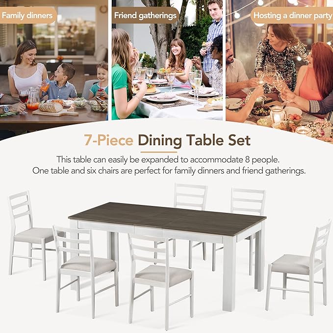 71.5 Inch Dining Table Set for 6, 7-Piece Wooden Extendable Table with 12" Leaf and 2 Drawers, 6 Dining Chairs with Soft Cushion for Dining Room, Living Room, Antique White+Brown - LeafyLoom