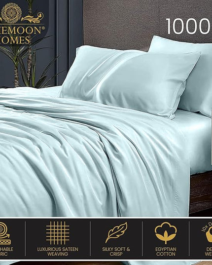 100 Percent Egyptian Cotton Sheets - Full Size 4 Piece Sheet Set 1000 Thread Count Breathable & Cool Sheets - Hotel Luxury Bed Sheets - Fits Upto 18" Deep Pocket, Easy-Fit - Aqua Blue Full Bed Sheets - LeafyLoom